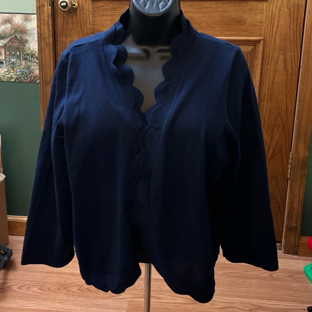Niña Leonard Navy Scalloped Open Cardigan